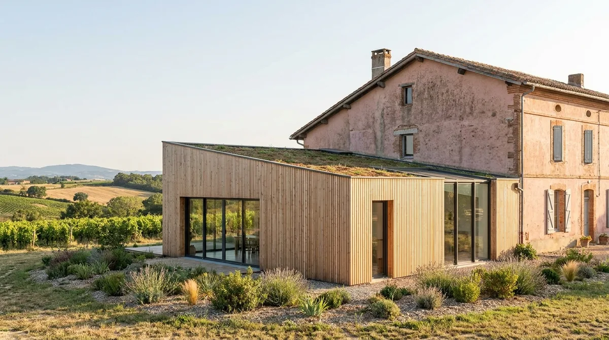 Extension moderne en bois ajoutée à une ferme traditionnelle en brique rose toulousaine en Haute-Garonne, paysage d'Occitanie, éco-responsable