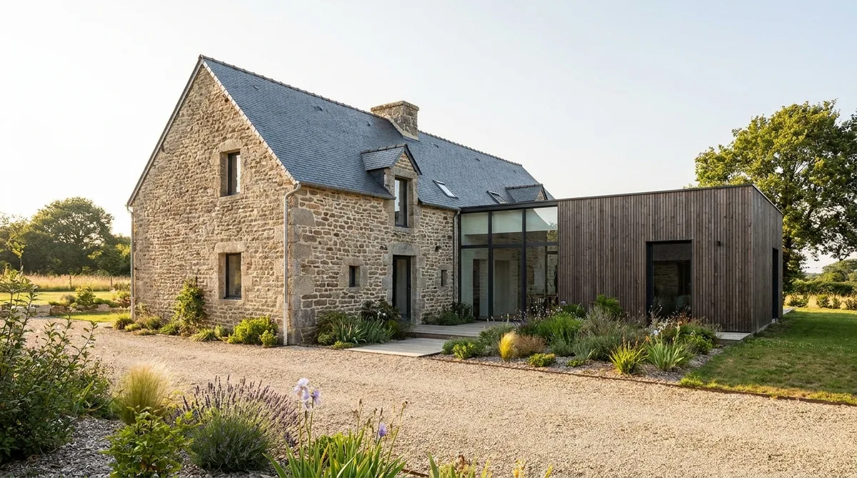 traditional stone house renovation near Nantes with modern timber extension and slate roof
