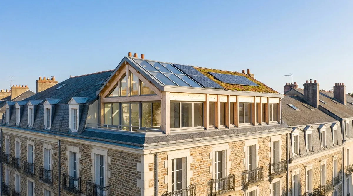 modern timber frame roof extension on a traditional townhouse in Nantes, eco-friendly construction, bright blue sky