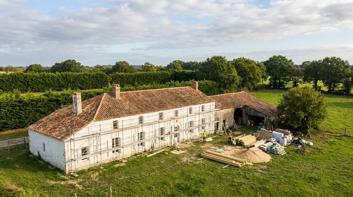 traditional white house with terracotta roof tiles undergoing renovation in Vendee countryside, green bocage background