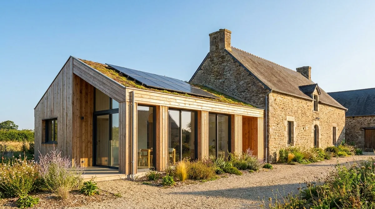 wooden extension built on an old stone house in Pays de la Loire, sunny weather, eco-friendly construction materials