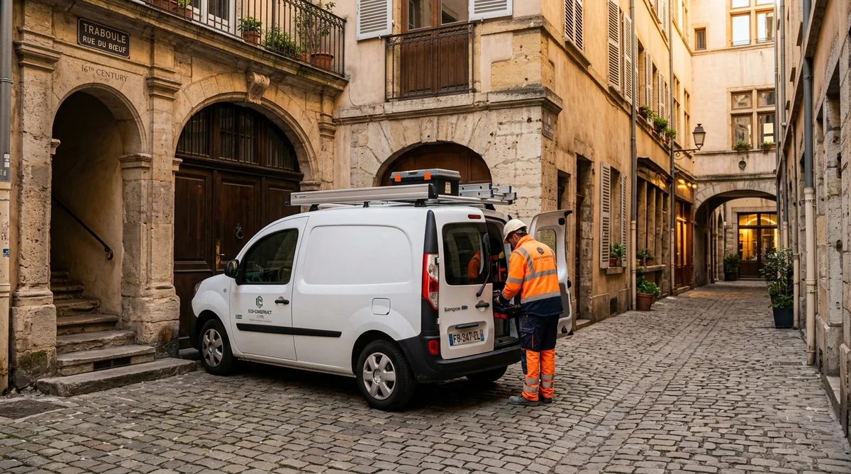 white electric utility van of a construction worker parked near a traditional traboule in Vieux Lyon, warm lighting