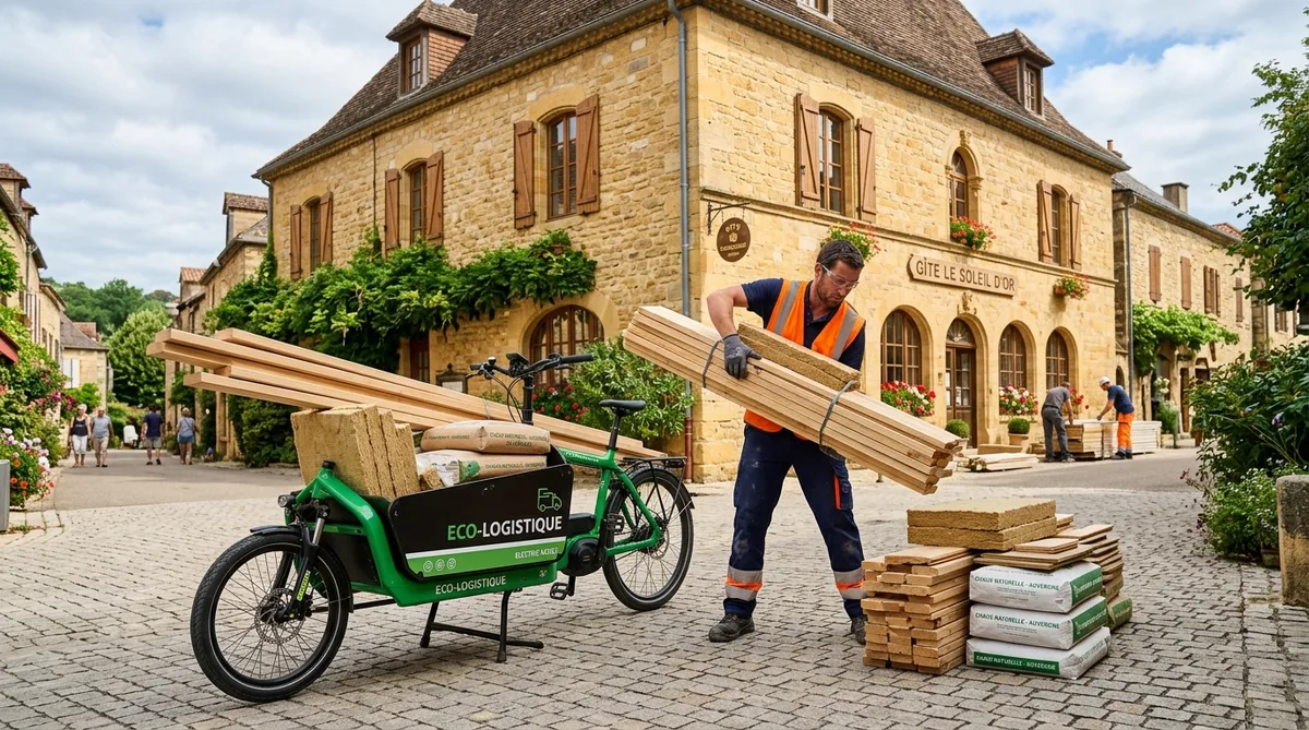 construction materials being unloaded from an eco-friendly cargo bike in front of a golden stone building in Auvergne-Rhone-Alpes